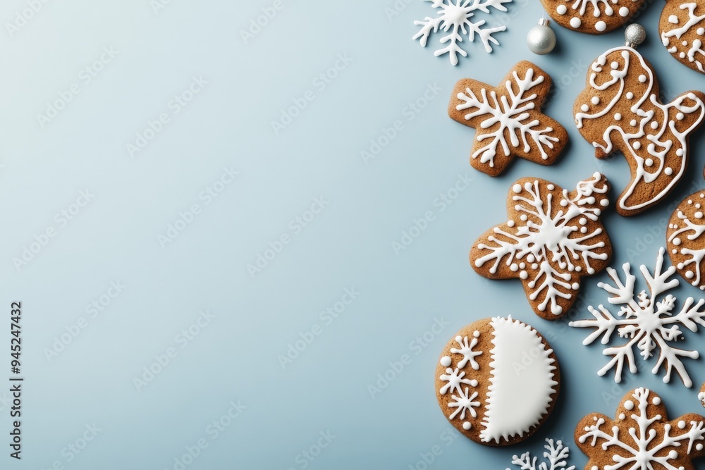 A variety of beautifully decorated gingerbread cookies, including snowflakes and Christmas trees, arranged on a light blue background with a festive, whimsical feel. A variety of beautifully decorated gingerbread cookies, including snowflakes and Christmas trees, arranged on a light blue background with a festive, whimsical feel.