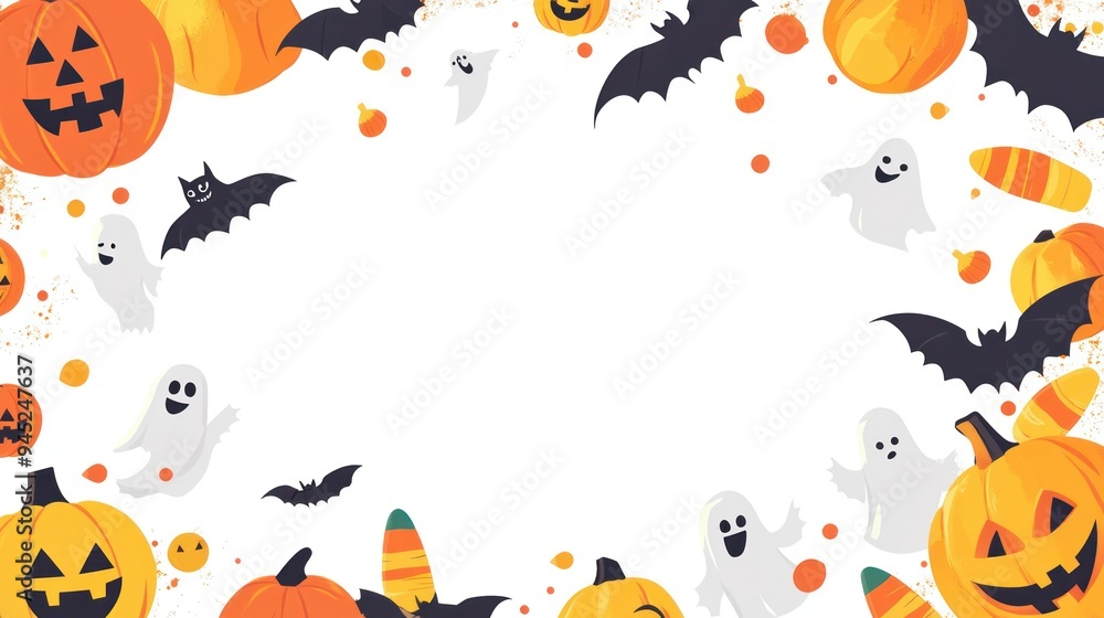 Fototapeta premium Picture a Halloween wallpaper with a white background, decorated with orange along the edges. Traditional Halloween symbols like jack-o'-lanterns and bats sit on either side, with candy corn and frien