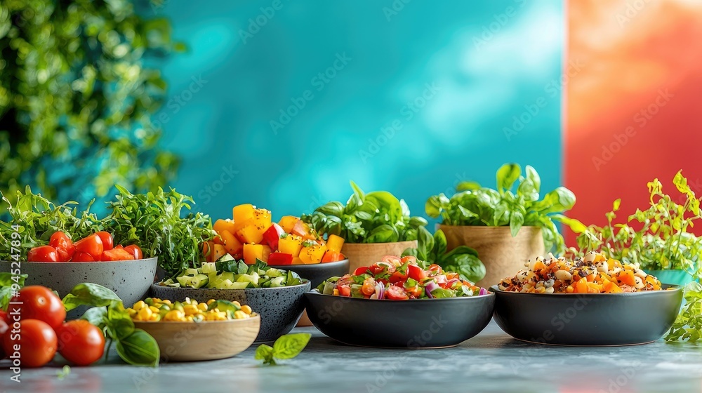 Colorful Salads in Bowls on a Countertop Colorful Salads in Bowls on a Countertop