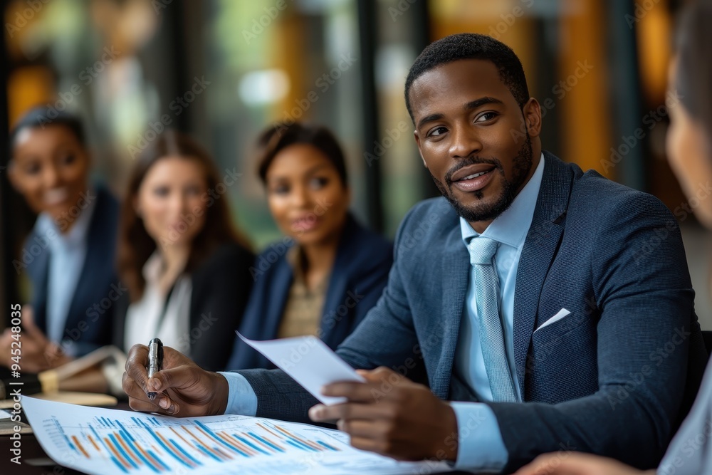 Confident African American Entrepreneur Presenting Business Plan to Diverse Team in Profile View Confident African American Entrepreneur Presenting Business Plan to Diverse Team in Profile View