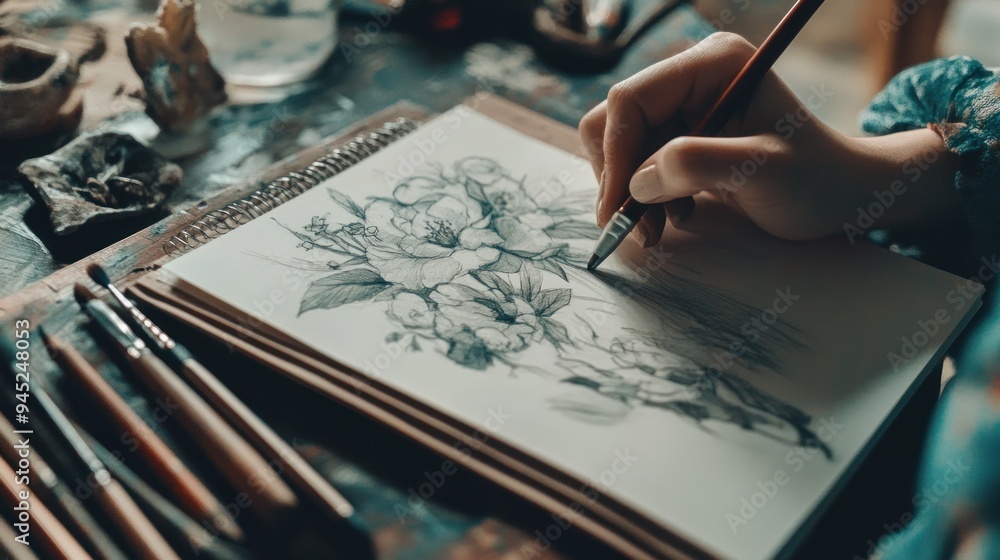 Artist sketching flower bouquet on paper Artist sketching flower bouquet on paper