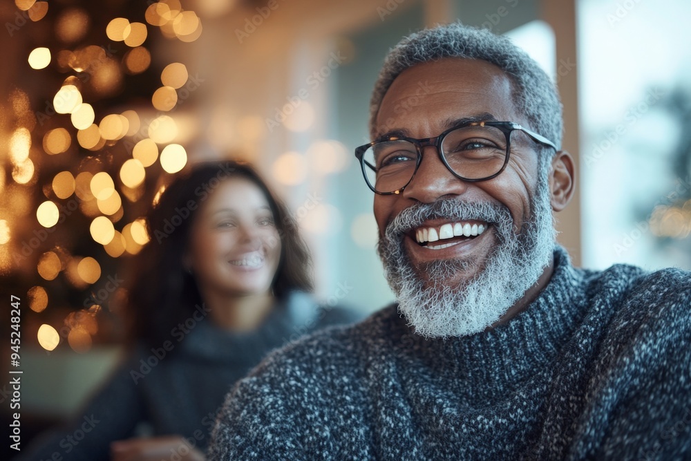 A cheerful elderly man with glasses and a grey beard, smiling warmly in a festive holiday setting, capturing the joy and warmth of the holiday season, with blurred lights in background.