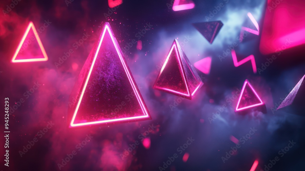 Neon geometric shapes drifting in a dark space Neon geometric shapes drifting in a dark space