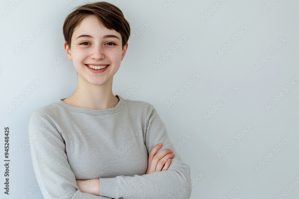 Standing with arms crossed, smiling beautiful young woman in longsleeve isolated over white background. Looks successful Standing with arms crossed, smiling beautiful young woman in longsleeve isolated over white background. Looks successful
