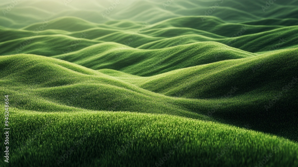A lush green field with rolling hills and a bright sun shining down on it A lush green field with rolling hills and a bright sun shining down on it