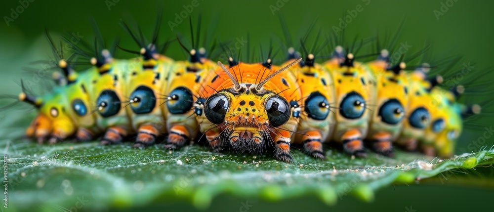 Vibrant Close-up of a Colorful Caterpillar on a Lush Green Leaf in Nature Vibrant Close-up of a Colorful Caterpillar on a Lush Green Leaf in Nature