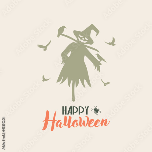Happy Halloween card. Happy holiday. Scarecrow postcard.