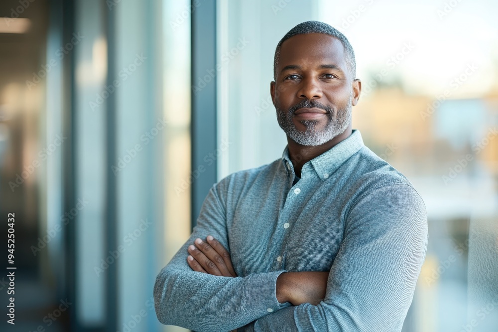Fototapeta premium Confident African American Male Consultant Standing by Modern Office Window with Arms Crossed