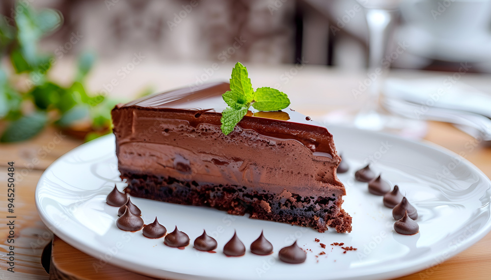 Piece of tasty chocolate cake and mint on white plate, closeup Piece of tasty chocolate cake and mint on white plate, closeup