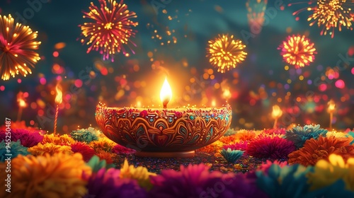 A vibrant festival scene featuring a lit oil lamp surrounded by colorful flowers and fireworks.