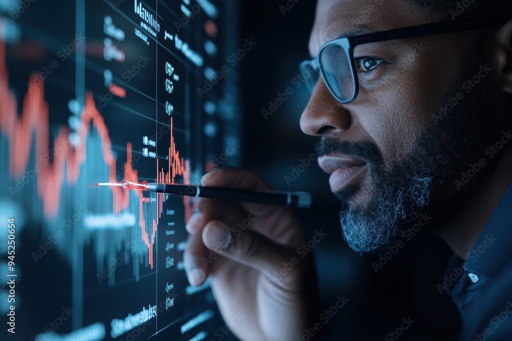 Focused African American Financial Adviser Highlighting Points on Graph with Digital Pen in Profile View Focused African American Financial Adviser Highlighting Points on Graph with Digital Pen in Profile View