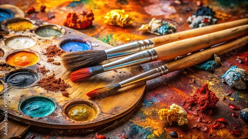 4. Close-up of a painter's palette with a vibrant, burnt umber pigment, surrounded by brushes and artistic tools, a realistic photo image.