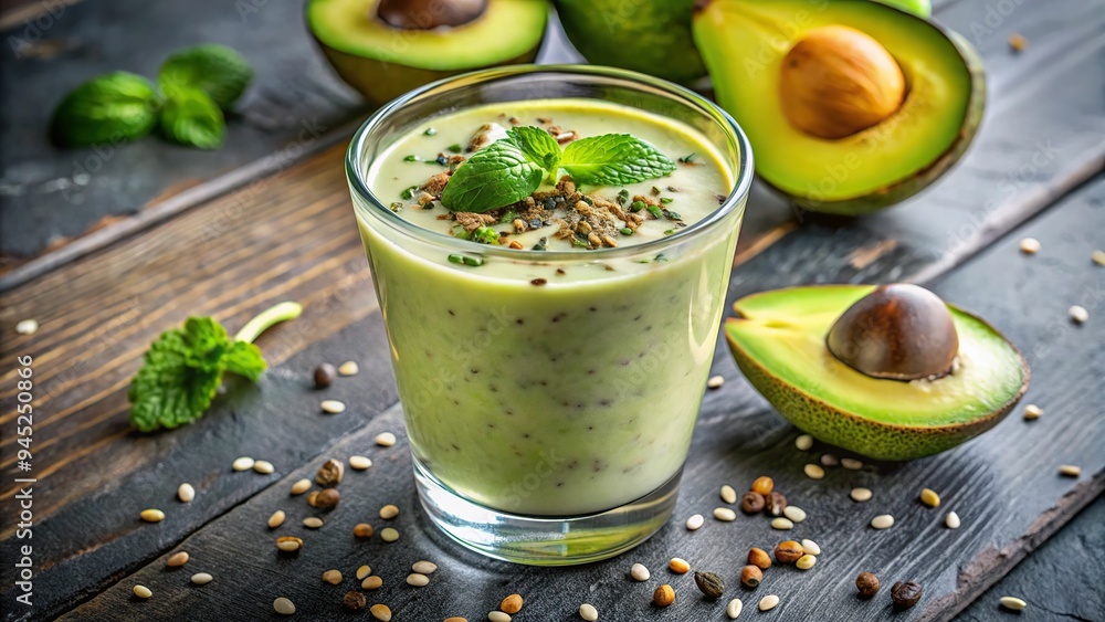 7. Avocado smoothie in a glass, creamy texture with a sprinkle of chia seeds on top, a realistic photo image. 7. Avocado smoothie in a glass, creamy texture with a sprinkle of chia seeds on top, a realistic photo image.