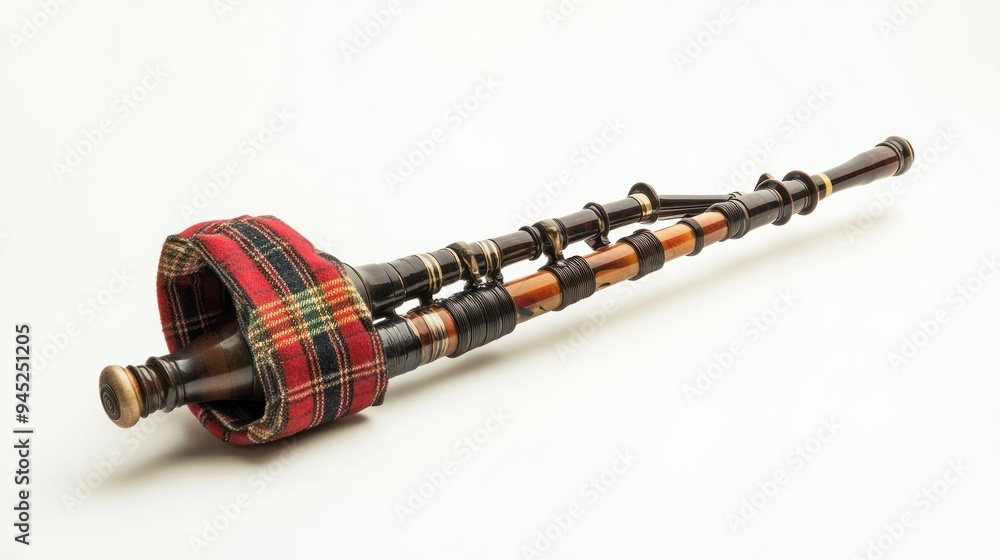 Scottish bagpipe, complete with its drones, chanter, and tartan bag, isolated on a white background. The iconic design and details of this instrument are fully showcased, capturing its cultural signif Scottish bagpipe, complete with its drones, chanter, and tartan bag, isolated on a white background. The iconic design and details of this instrument are fully showcased, capturing its cultural signif