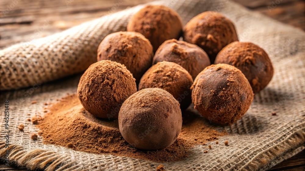 1. Rich, velvety brown chocolate truffles rolled in cocoa powder, arranged on a linen cloth, a realistic photo image. 1. Rich, velvety brown chocolate truffles rolled in cocoa powder, arranged on a linen cloth, a realistic photo image.