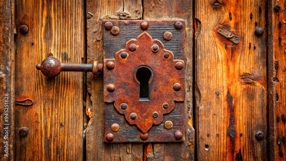 • A rusty copper red old-fashioned keyhole on a worn wooden door, surrounded by weathered iron hinges, a realistic photo image. • A rusty copper red old-fashioned keyhole on a worn wooden door, surrounded by weathered iron hinges, a realistic photo image.