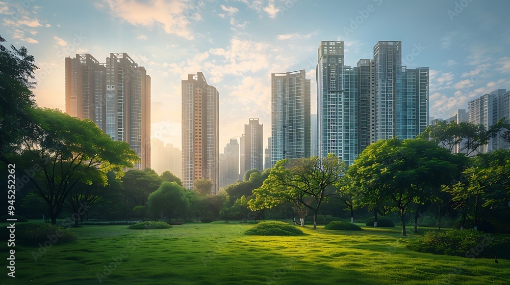 Obraz premium Urban Oasis: Skyscrapers and Lush Greenery