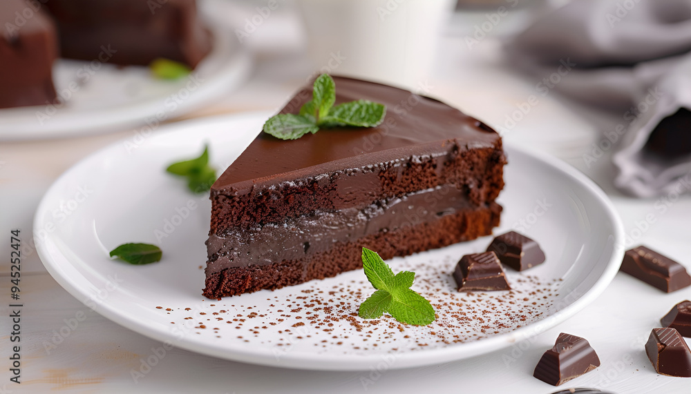 Piece of tasty chocolate cake and mint on white plate, closeup Piece of tasty chocolate cake and mint on white plate, closeup