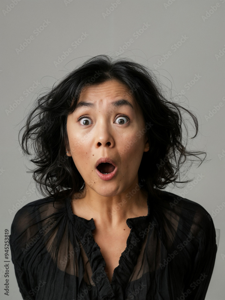An asian woman with a surprised expression, mouth open, eyes wide, and brows furrowed, set against a neutral background. An asian woman with a surprised expression, mouth open, eyes wide, and brows furrowed, set against a neutral background.