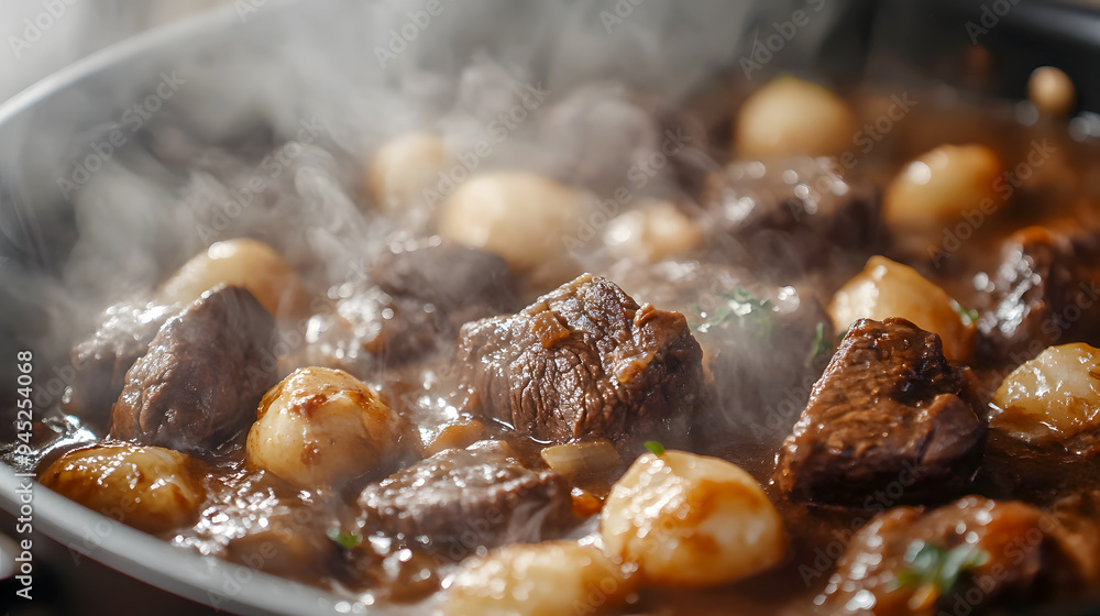 Steamy Close-Up A close-up shot of Boeuf Bourguignon in a pot, with steam rising, showcasing the rich, glossy sauce and tender beef Steamy Close-Up A close-up shot of Boeuf Bourguignon in a pot, with steam rising, showcasing the rich, glossy sauce and tender beef