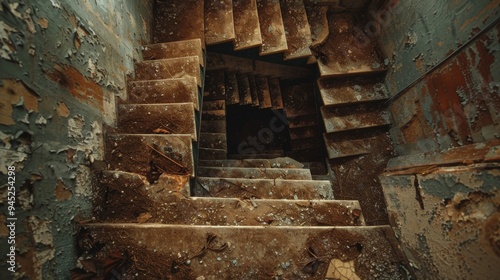 Abandoned Rusty Staircase in Decaying Building photo