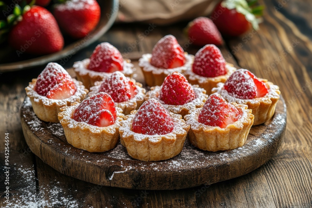 Delicious Strawberry Tartlets on Rustic Wooden Board for Dessert Lovers Delicious Strawberry Tartlets on Rustic Wooden Board for Dessert Lovers