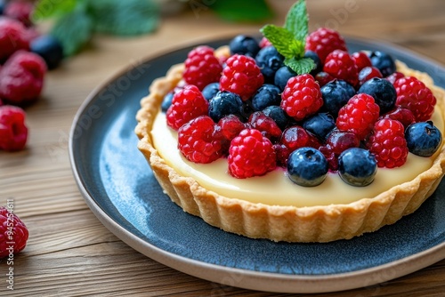 Delicious Fresh Berry Tart on Rustic Wooden Table - Perfect for Culinary Blogs and Dessert Menus