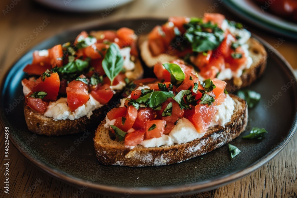 Delicious Bruschetta with Fresh Tomatoes and Basil on Rustic Plate for Culinary Enthusiasts Delicious Bruschetta with Fresh Tomatoes and Basil on Rustic Plate for Culinary Enthusiasts