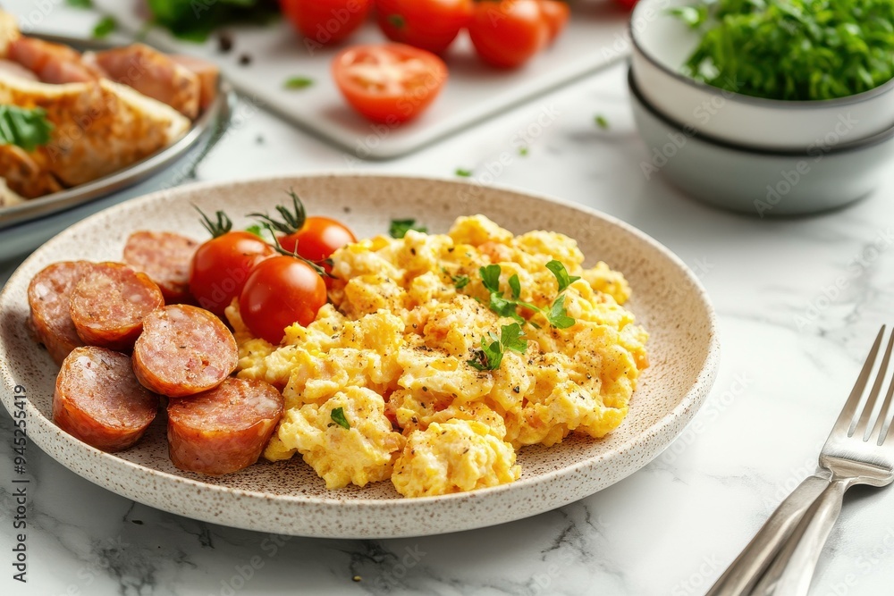 Delicious Breakfast Plate with Scrambled Eggs, Sausages, and Cherry Tomatoes on Marble Background Delicious Breakfast Plate with Scrambled Eggs, Sausages, and Cherry Tomatoes on Marble Background