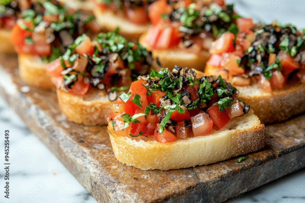 Vibrant Bruschetta with Fresh Tomatoes and Basil on Rustic Wooden Board Vibrant Bruschetta with Fresh Tomatoes and Basil on Rustic Wooden Board