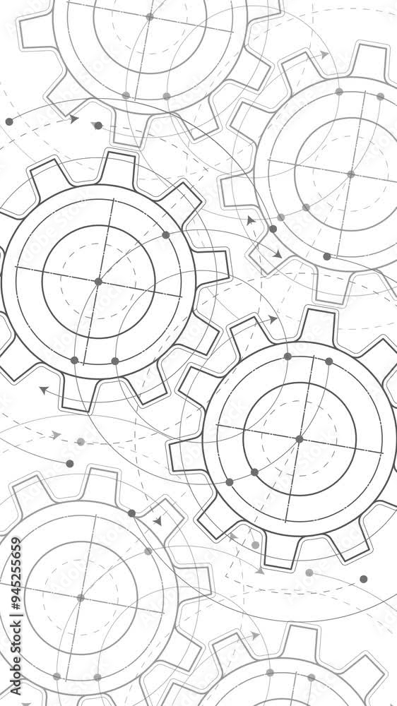 Rotating gears.Technical drawing of gear .Mechanics.Vertical video. Rotating gears.Technical drawing of gear .Mechanics.Vertical video.