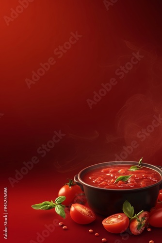 Fresh tomato sauce simmering in a black pot with basil leaves on a vibrant red background
