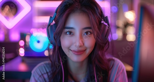 Young Woman Gaming with Headphones