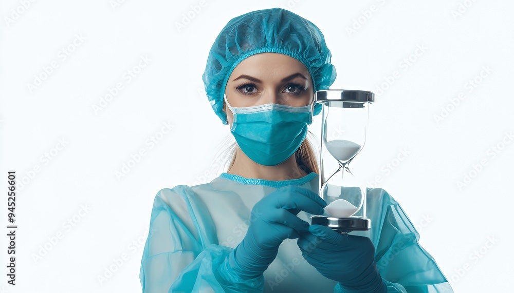 A healthcare worker in protective gear holds an hourglass, symbolizing time and urgency. A healthcare worker in protective gear holds an hourglass, symbolizing time and urgency.