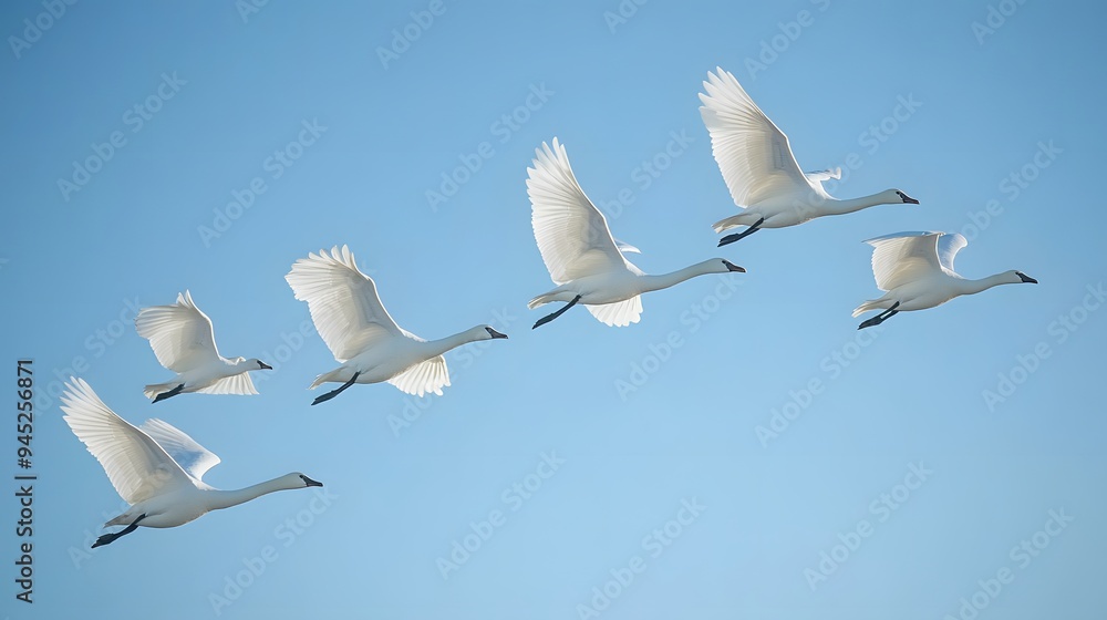 A Flock of White Swans Flying in Formation Against a Blue Sky A Flock of White Swans Flying in Formation Against a Blue Sky