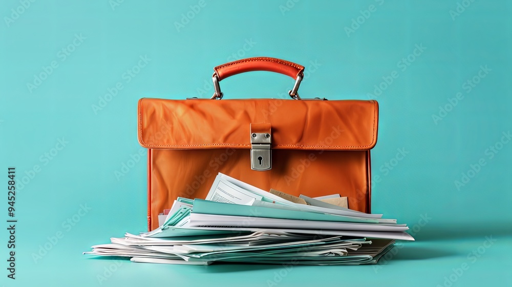 A briefcase with job application documents spilling out, solid color background A briefcase with job application documents spilling out, solid color background