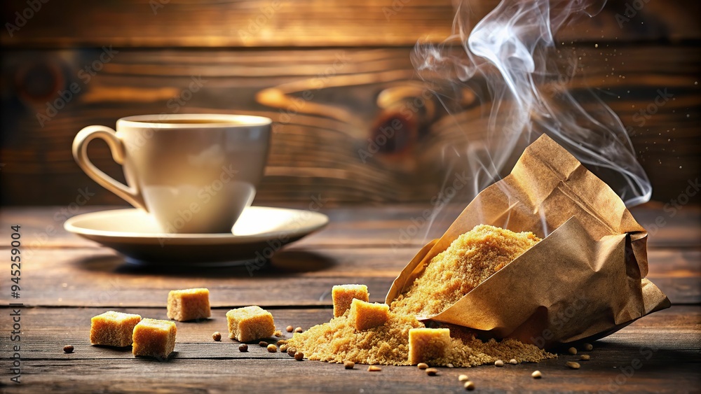 7. A small brown sugar packet torn open, spilling its contents onto a coffee shop counter, surrounded by steaming cups, a realistic photo image. 7. A small brown sugar packet torn open, spilling its contents onto a coffee shop counter, surrounded by steaming cups, a realistic photo image.