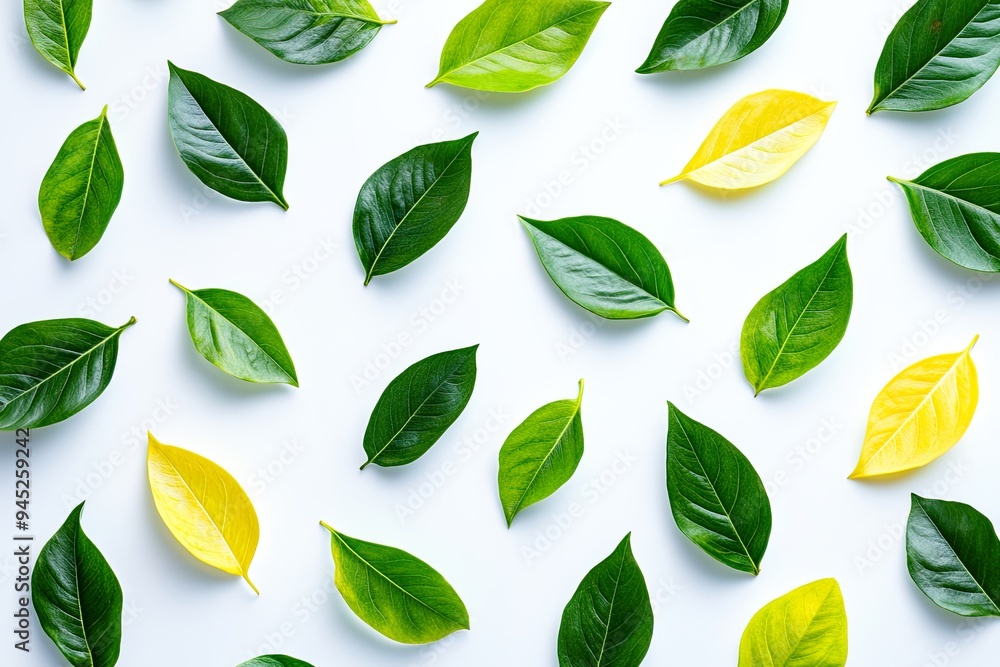 A variety of green and yellow leaves on a white background. A variety of green and yellow leaves on a white background.