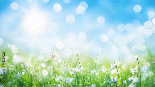 This photo shows a sunny meadow in spring with green grass and blue skies. There is space for text in front of an abstract background with light bokeh.