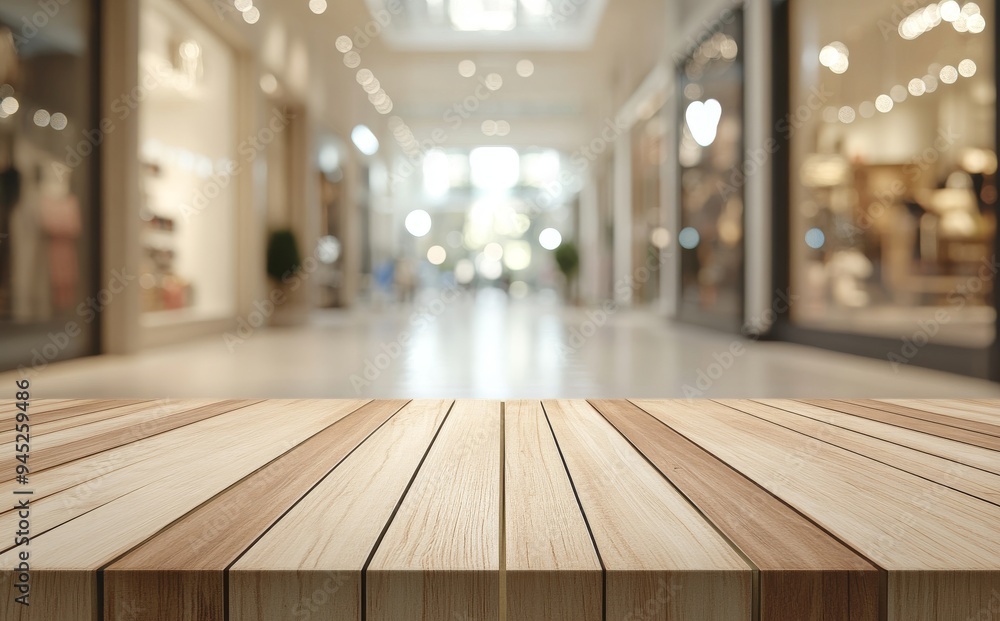 Table with an empty product display, blurred store bokeh background Table with an empty product display, blurred store bokeh background
