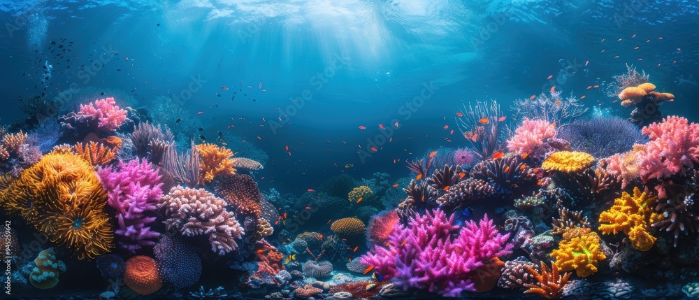 Fototapeta premium Vibrant Coral Reef Paradise: Colorful Underwater Marine Life in Tropical Waters