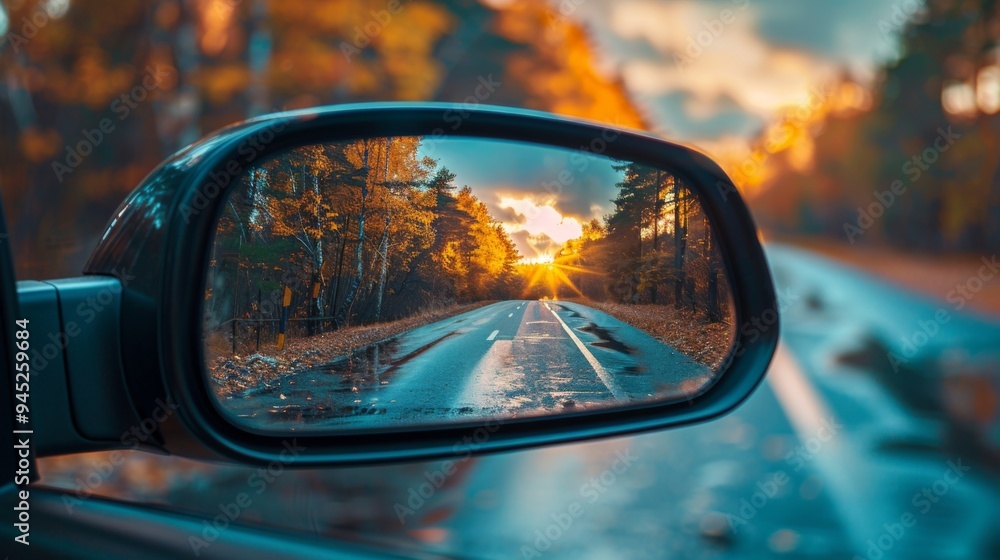 Reflection of Scenic Autumn Road in Car Mirror Reflection of Scenic Autumn Road in Car Mirror