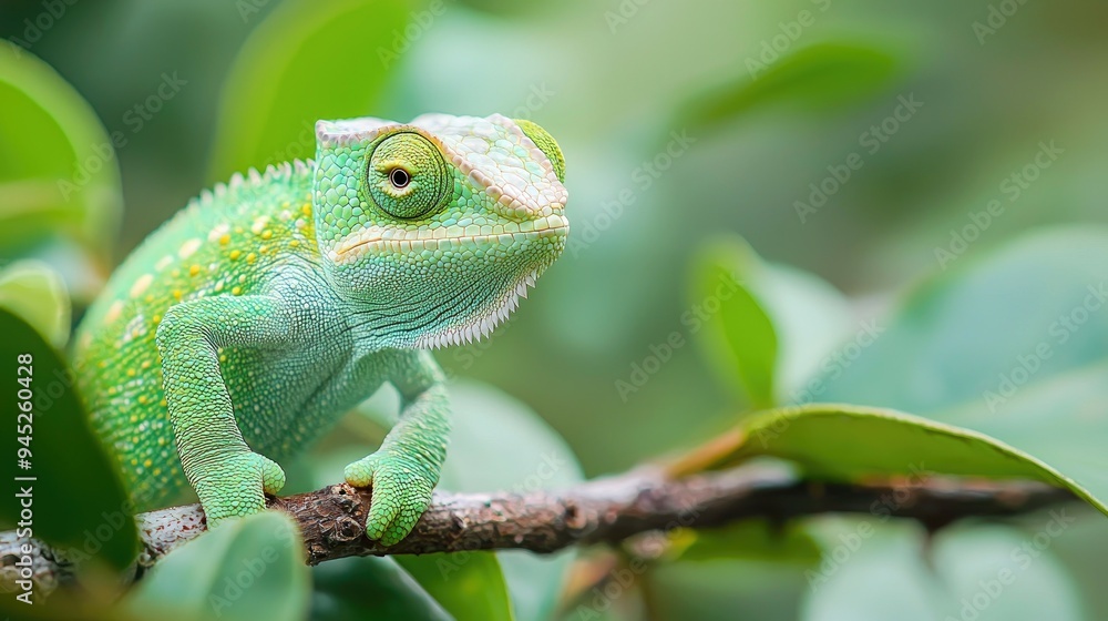 Green Chameleon on a Branch Amid Lush Foliage Green Chameleon on a Branch Amid Lush Foliage