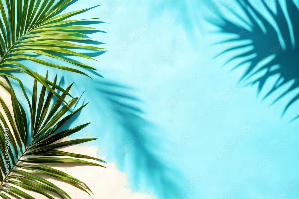Blue background with shadows of palm trees in the summer. Blue background with shadows of palm trees in the summer.
