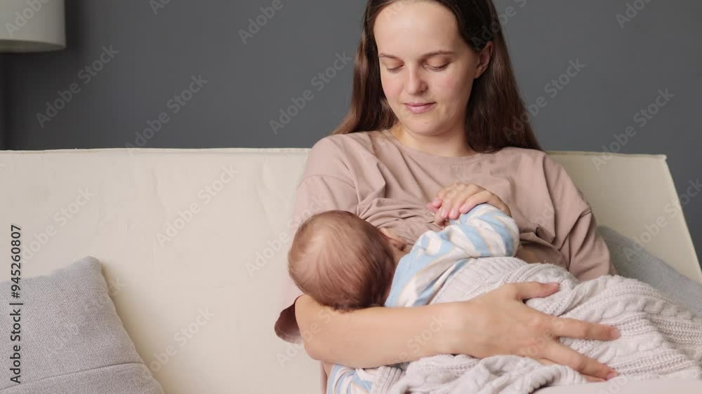 Caucasian woman breastfeeding her newborn son on a soft couch at home providing him with milk and supporting his health looking at newborn baby with love and gentle Caucasian woman breastfeeding her newborn son on a soft couch at home providing him with milk and supporting his health looking at newborn baby with love and gentle