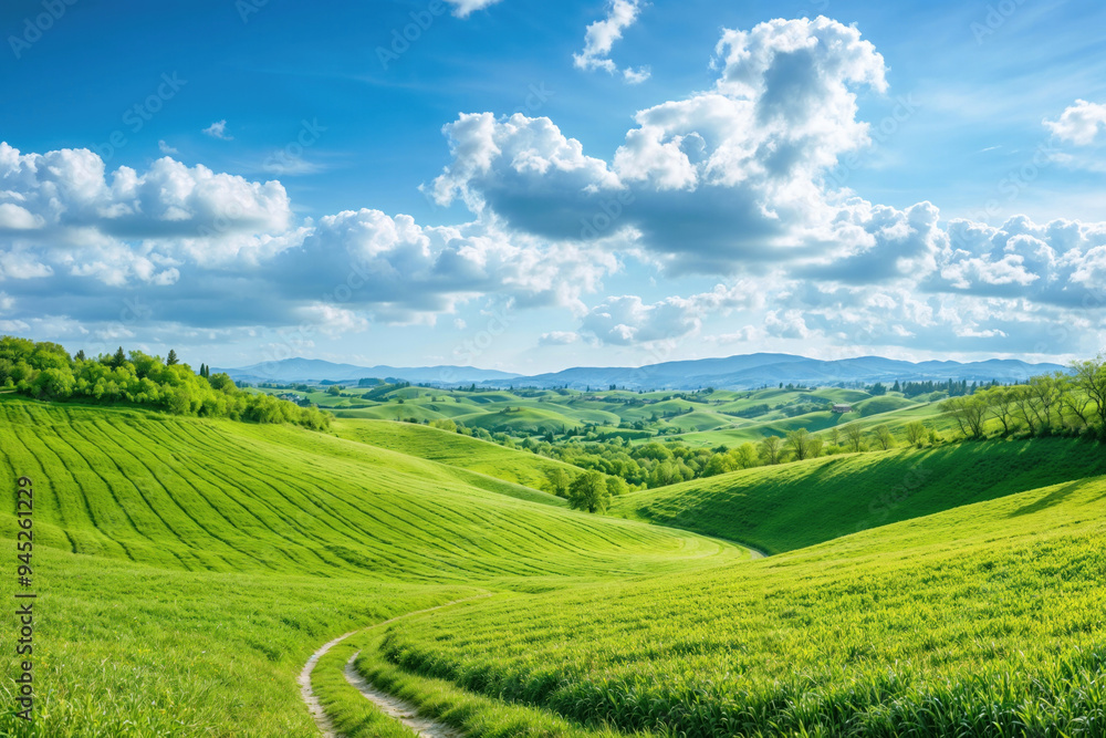 Lush green hills under a blue sky with clouds, with a winding dirt road leading through in the countryside Lush green hills under a blue sky with clouds, with a winding dirt road leading through in the countryside