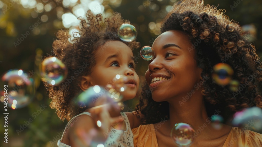 Mother and Child Enjoying Bubbles in the Park Mother and Child Enjoying Bubbles in the Park