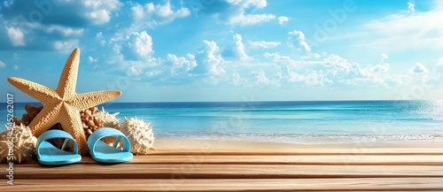 The tropical beach of a summer holiday is decorated with sunbathing accessories photo