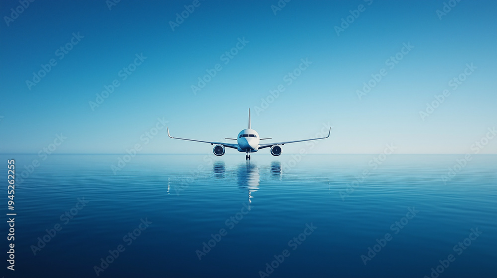 An airplane gently floating on the calm surface of the sea, with its reflection mirrored in the water An airplane gently floating on the calm surface of the sea, with its reflection mirrored in the water