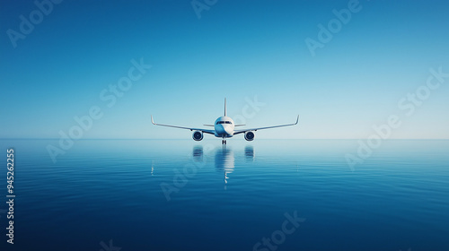 An airplane gently floating on the calm surface of the sea, with its reflection mirrored in the water